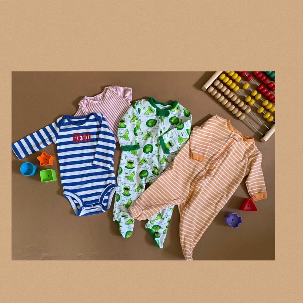 Bundle of four - 2 Footed PJs, 1 long & 1 short sleeve Body Suit Size 0-3 Months
